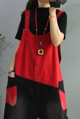 Women Retro Color Matching Loose Strap Jeans
